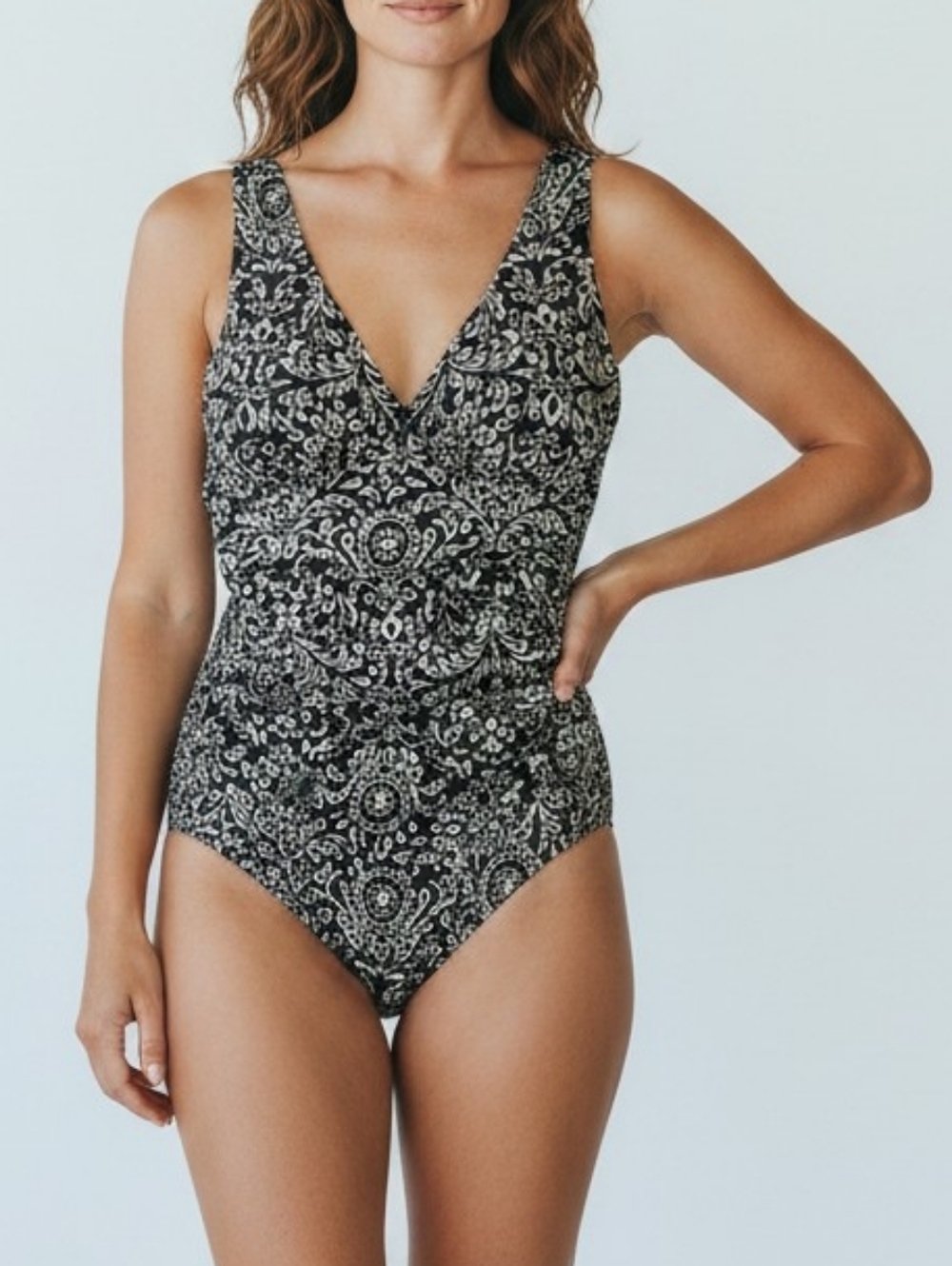 Land’s End Black/Ivory Grecian Floral One Piece